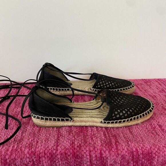 Frye Leo Lace Up Espadrilles Flats Perforated Black Leather Size 8 - Picture 1 of 11